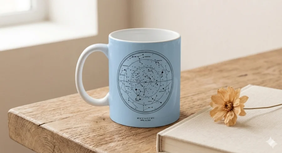 Mug bleu ciel avec carte du ciel personnalis&eacute;e, pos&eacute; sur table en bois