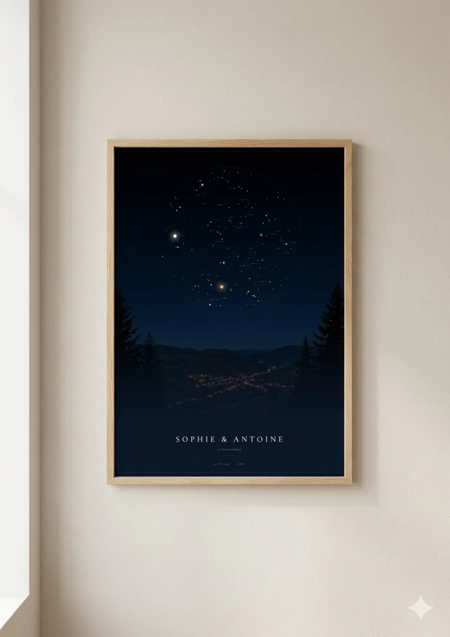 Poster encadr&eacute; Sophie et Antoine avec constellations sur fond nuit &eacute;toil&eacute;e