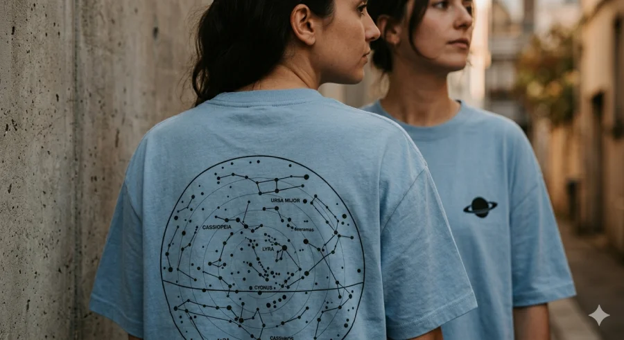 Deux personnes portant le t-shirt StatsMe avec carte du ciel