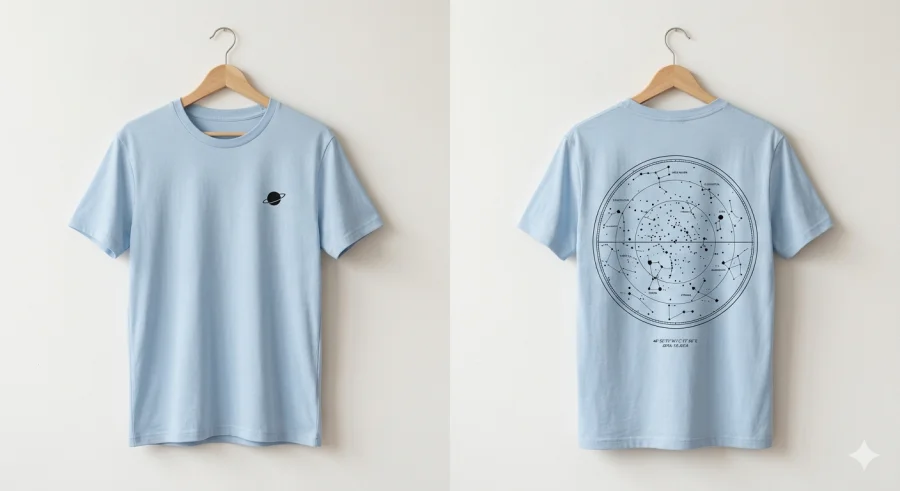 T-shirt bleu ciel avec carte du ciel imprim&eacute;e dans le dos, vue face et dos sur cintre